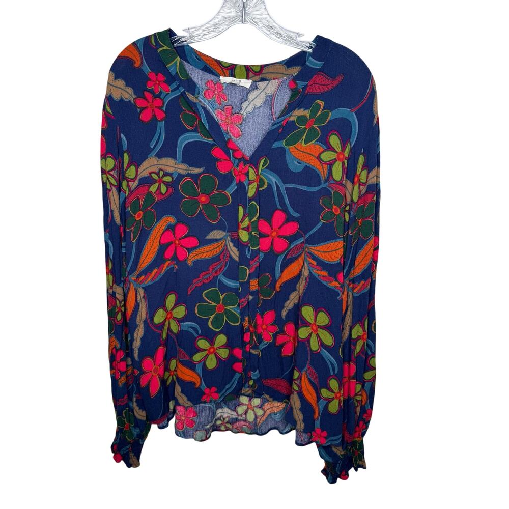Easel Los Angeles 1X Boho Floral‎ Blouse Navy Multicolor Rayon Peasant Top